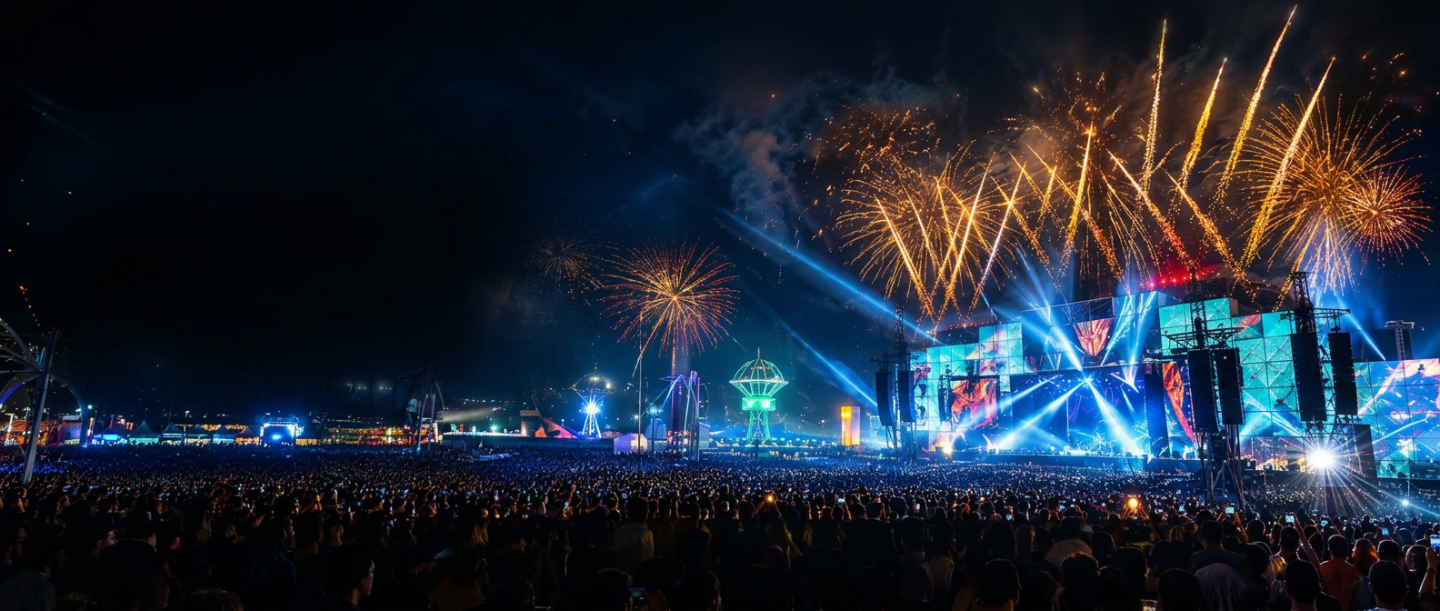 Grande festival com público, palco iluminado e fogos de artifício