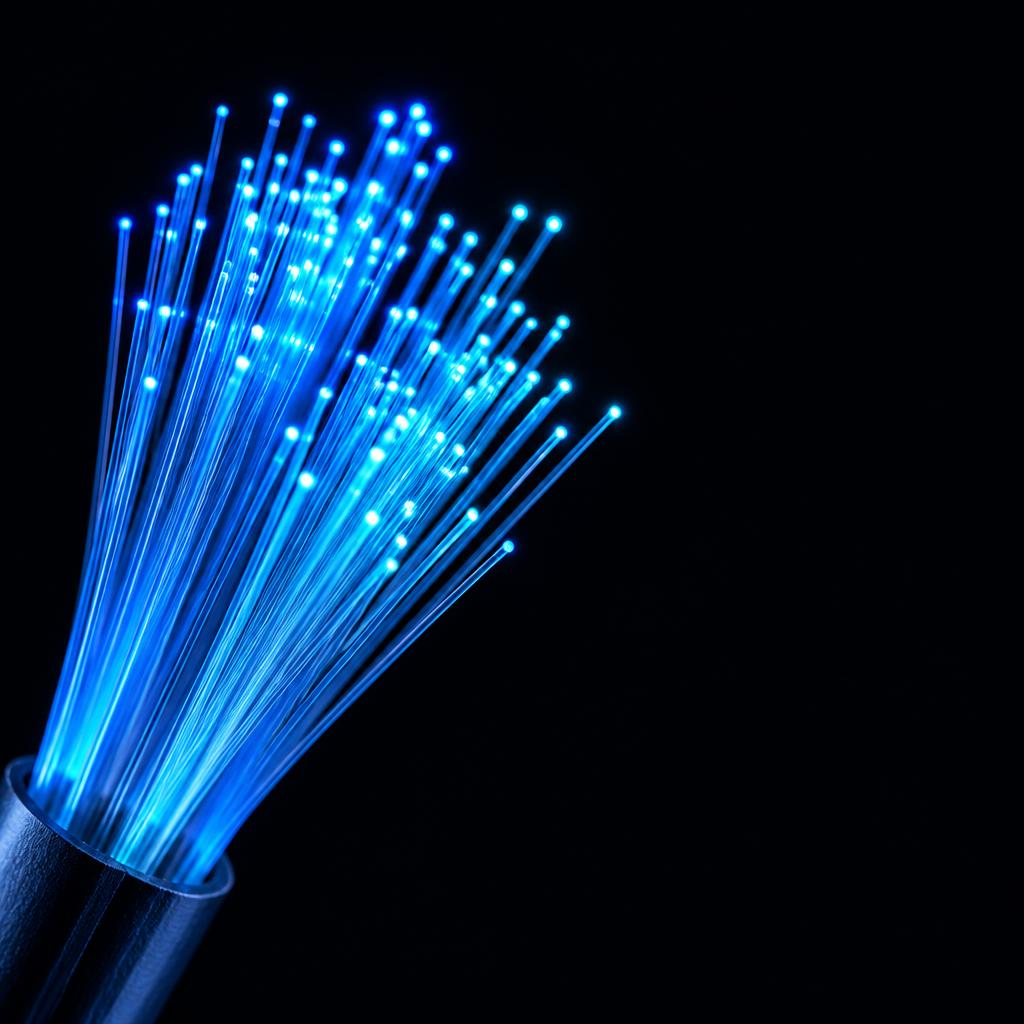 Feixe de fibras ópticas iluminadas em azul